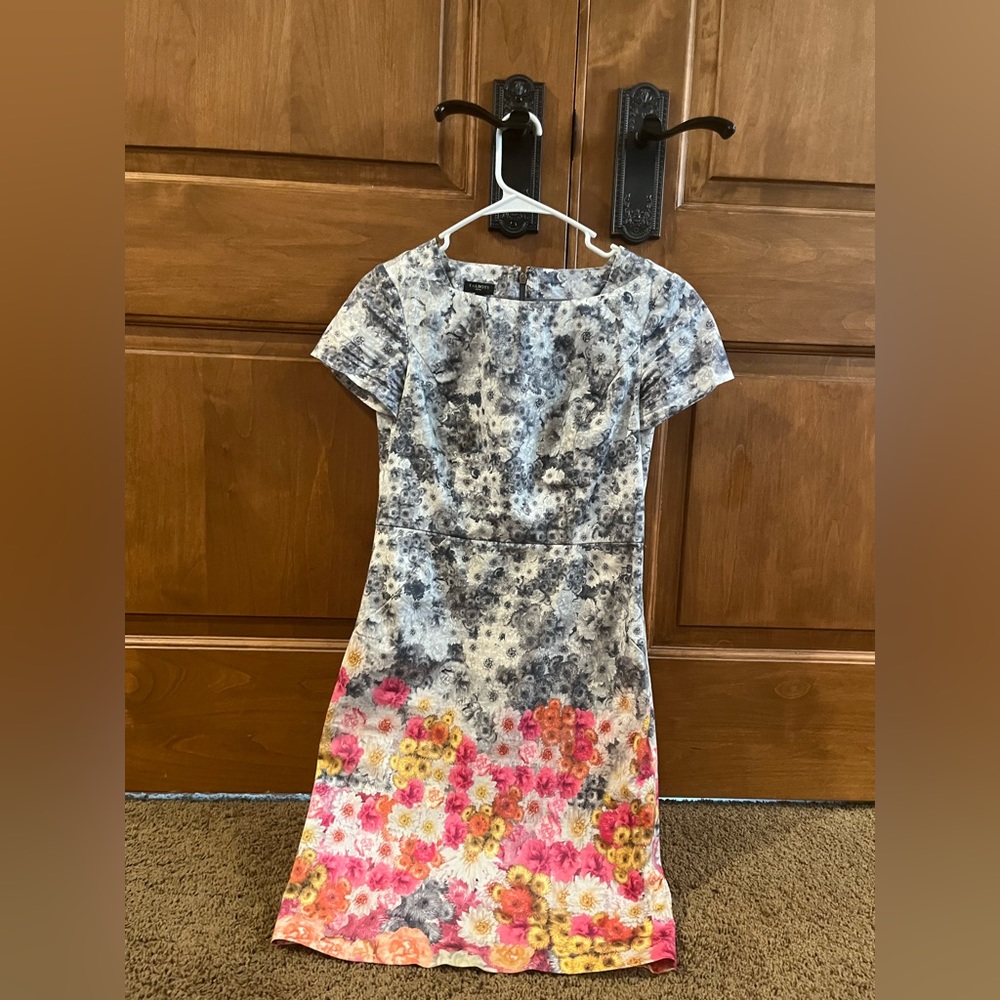 Talbots Petites, size 2P, knee-calf length, floral dress. Zipper on back.